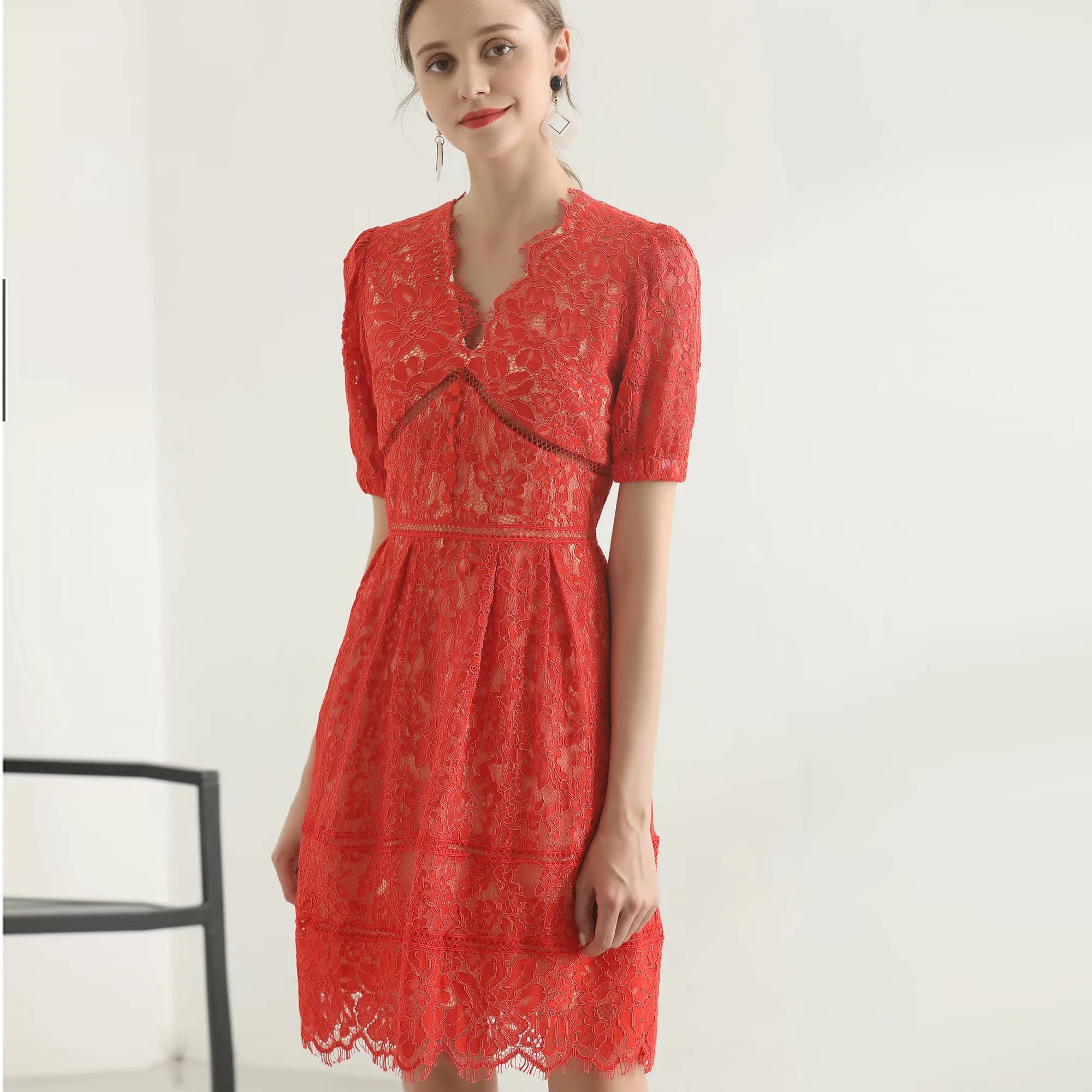 

High Quality Newest Nice Runway Summer Dresses Women's Elegant Short Puff Sleeve Sexy V-neck Eyelash Lace Dress