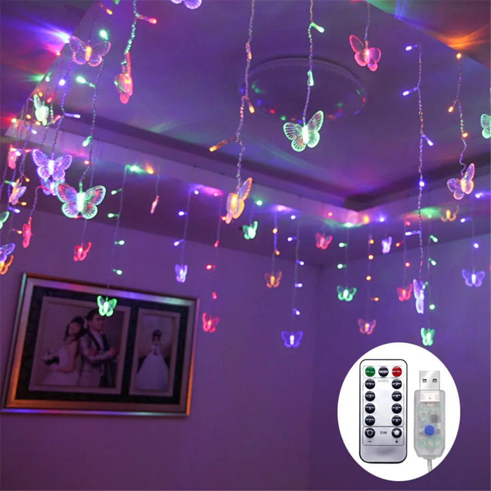 USB/Battery Christmas Butterfly Curtain Lamp Fairy Garland Christmas Decoration For Holiday Atmosphere Icicle Warm White Lightin