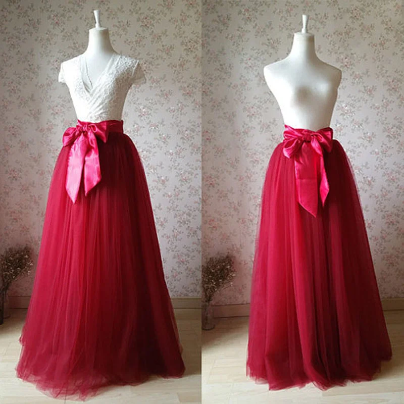 

Mingli Tengda Maxi Tulle Skirt Wine Red Bridal Long Tutu Skirt With Bow Solid Mesh Elegant Women Faldas Petticoat Underskirt