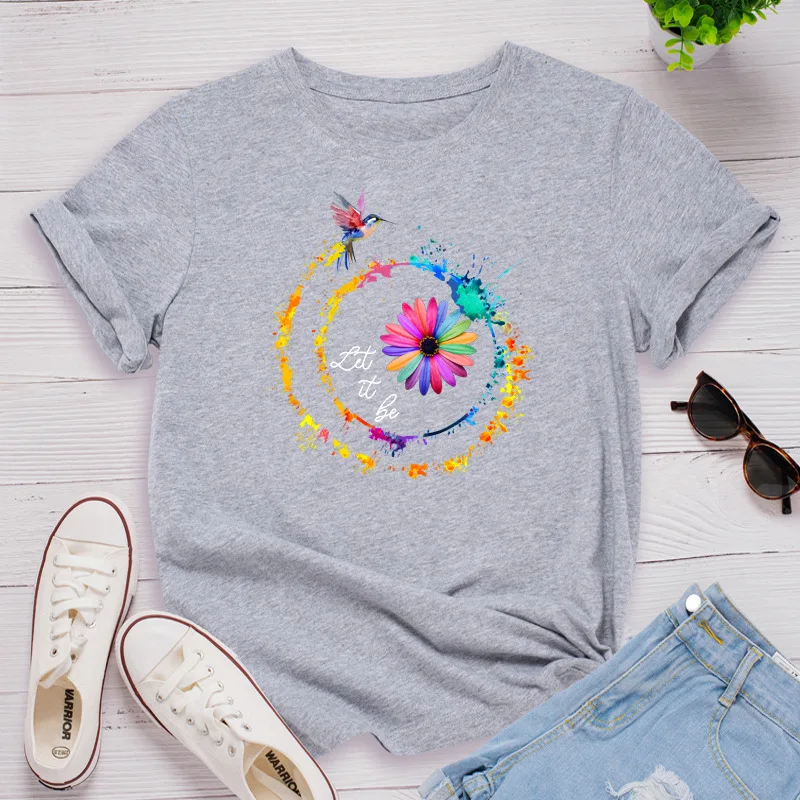 European And American Fashion Flowers Harajuku Print Women's T-shirt Loose Round Neck Cotton Short Sleeve Top Tees