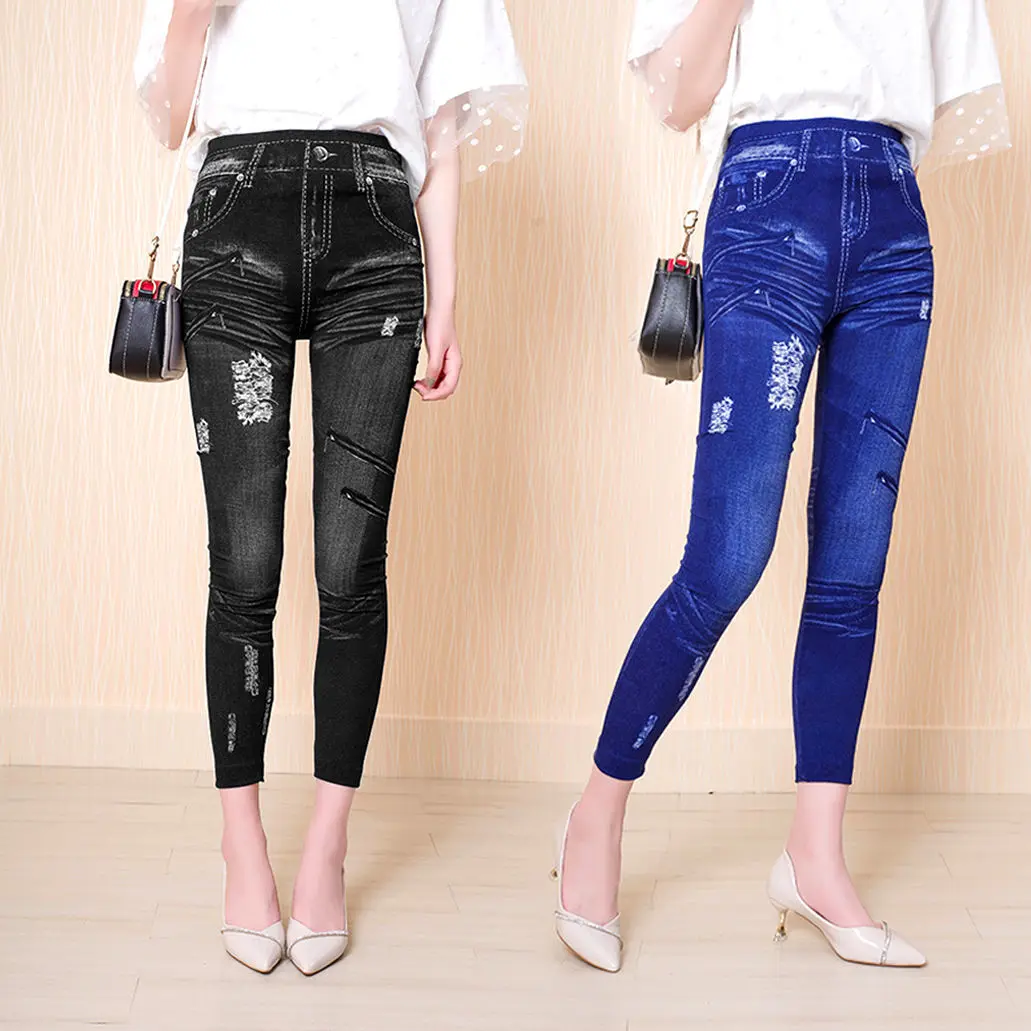 Fashion Printed Imitation Denim Leggings for Women Outer Wear Thin Fleece Woman Split Jeans High Elastic Skinny Stretch Trousers