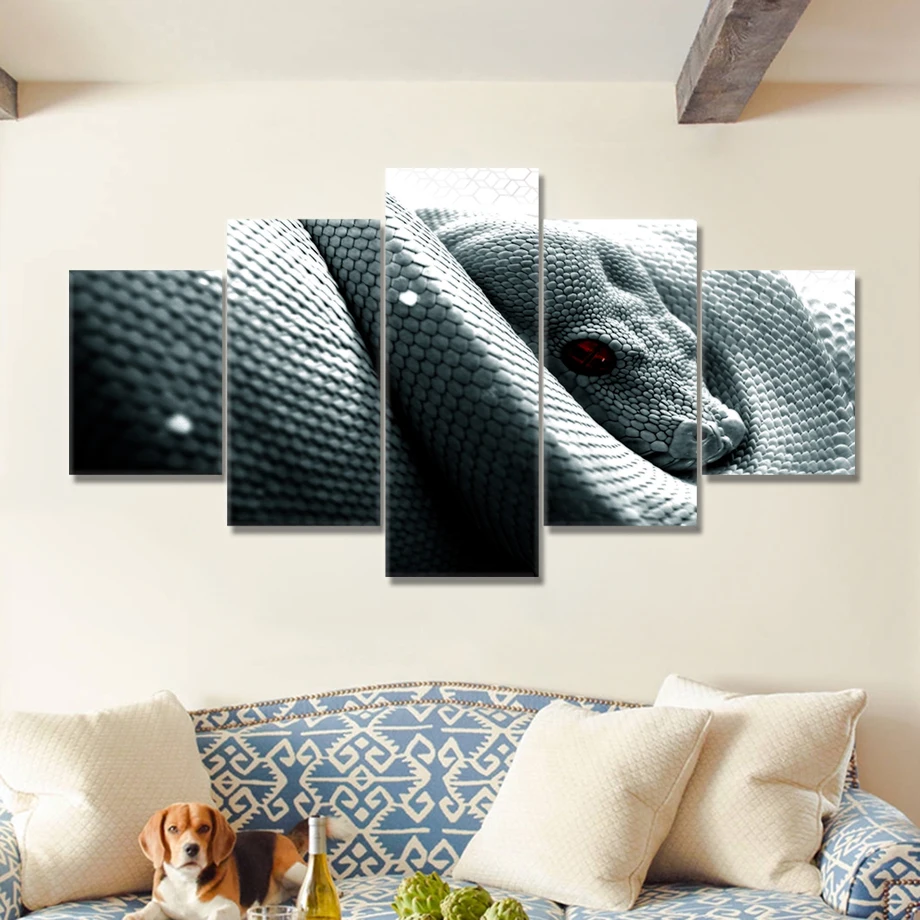 HD-Leinwand, Leinwand, Kunst, Gemälde, Wohnzimmer, Wanddekoration, 5-teiliges Bildposter mit weißer Schlange
