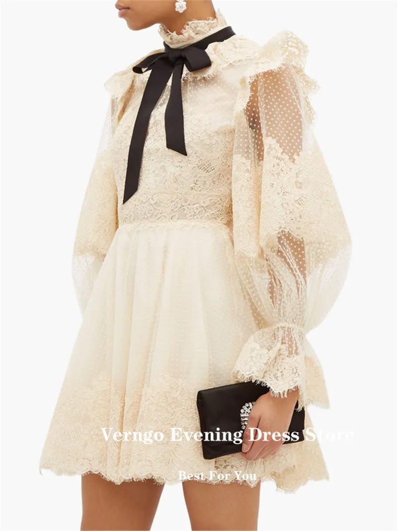 Verngo High Neck Lace Applique Short Formal Party Dress Dotted Tulle Puff Long Sleeves Beige Above Knee Length Prom Dress