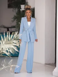 Sky Blue 2 Pieces Pants Suit with Belt Women Ladies Evening Party Tuxedos Formal Work Wear For Wedding Formal Occasion