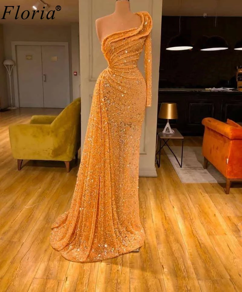 Fashion Couture Orange Cocktail Dresses 2020 Long Muslim Prom Dresses Woman Party Night One Shoulder Evening Gowns With Beading