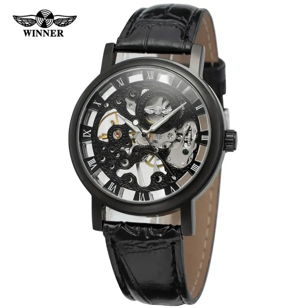 

T-WINNER Fashion simple men's and women's waterproof wrist leather strap hollow dial automatic mechanical wrist watch