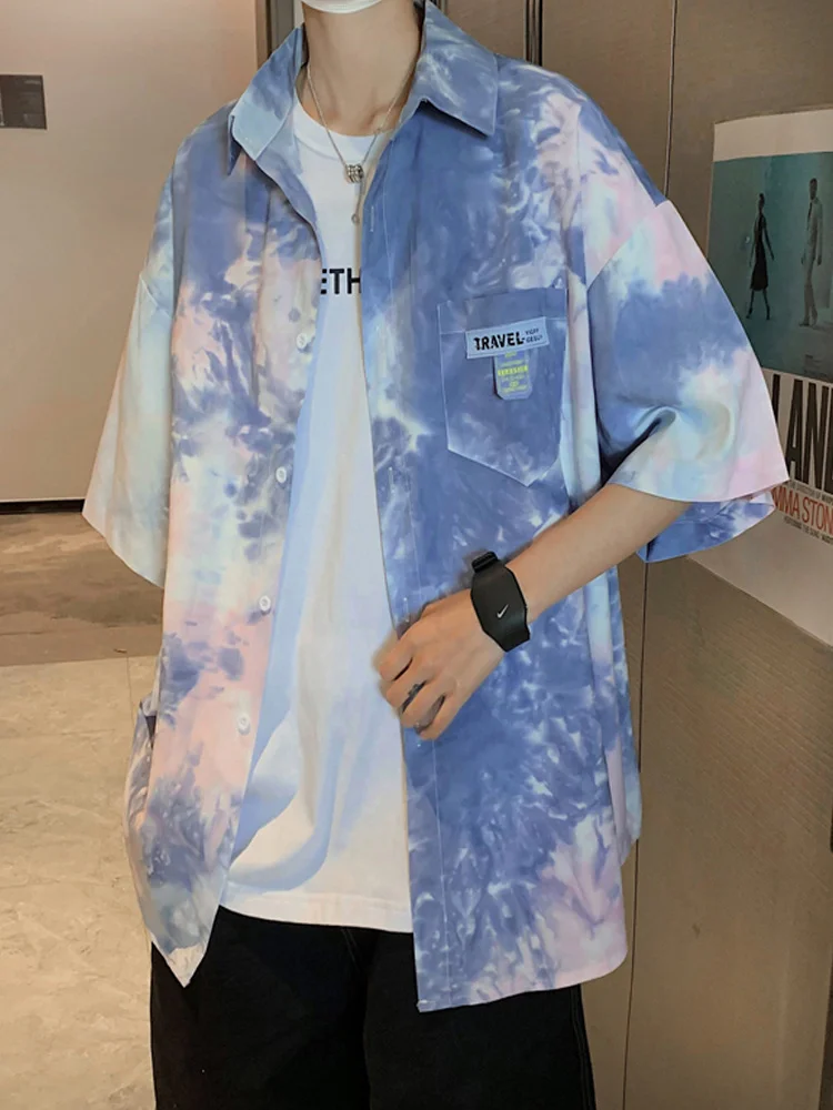 

Pure ピュア shirt men's short sleeve summer student trend loose tie dyed coat print design niche top camisa masculina streetwear