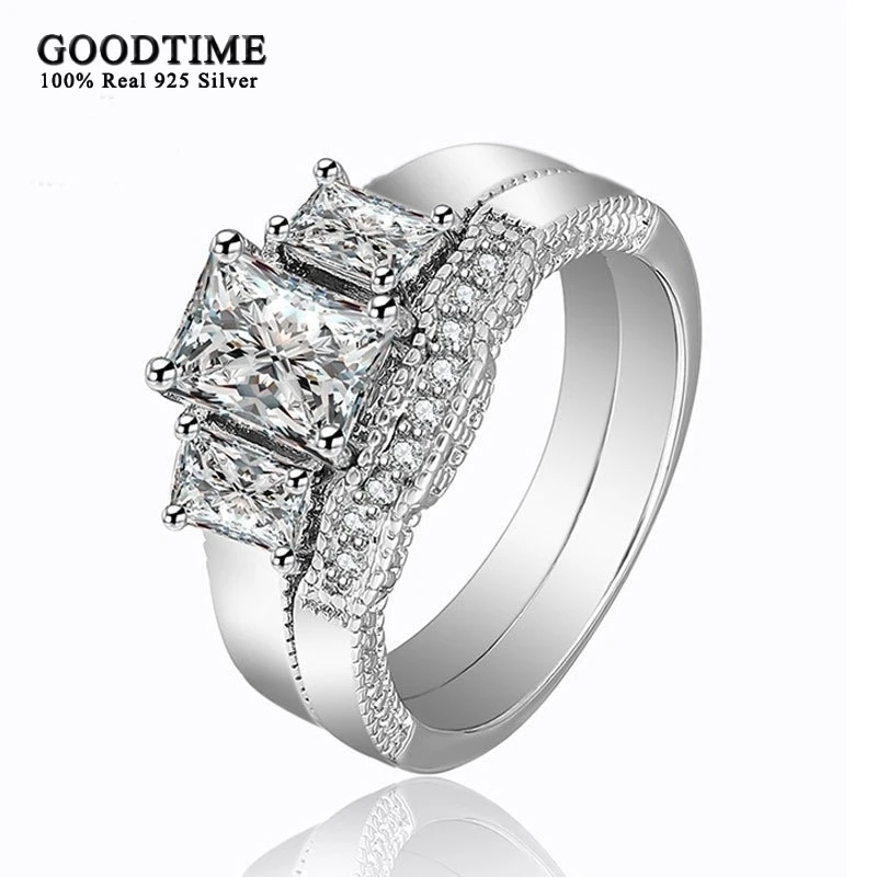 Fashion New Women Ring  925 Sterling Silver Princess Zircon Wedding Ring Set For Bridal Engagement Jewelry Accessories For Party