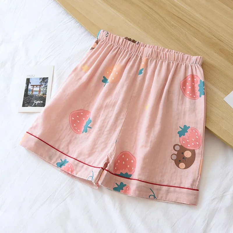 Summer 100% Cotton Home Pants Womens Shorts Gauze Pajamas Loose Soft Comfortable Sleep Bottoms Elastic Waist Print Sleepwear