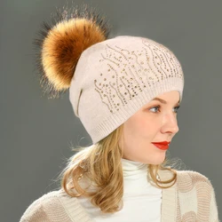 Jxwatcher Winter Women Beanie Knitted Hat with Real Raccoon Fur Pom Pom Women's Rhinestone Hat Autumn Warm Female Beanie Hat New