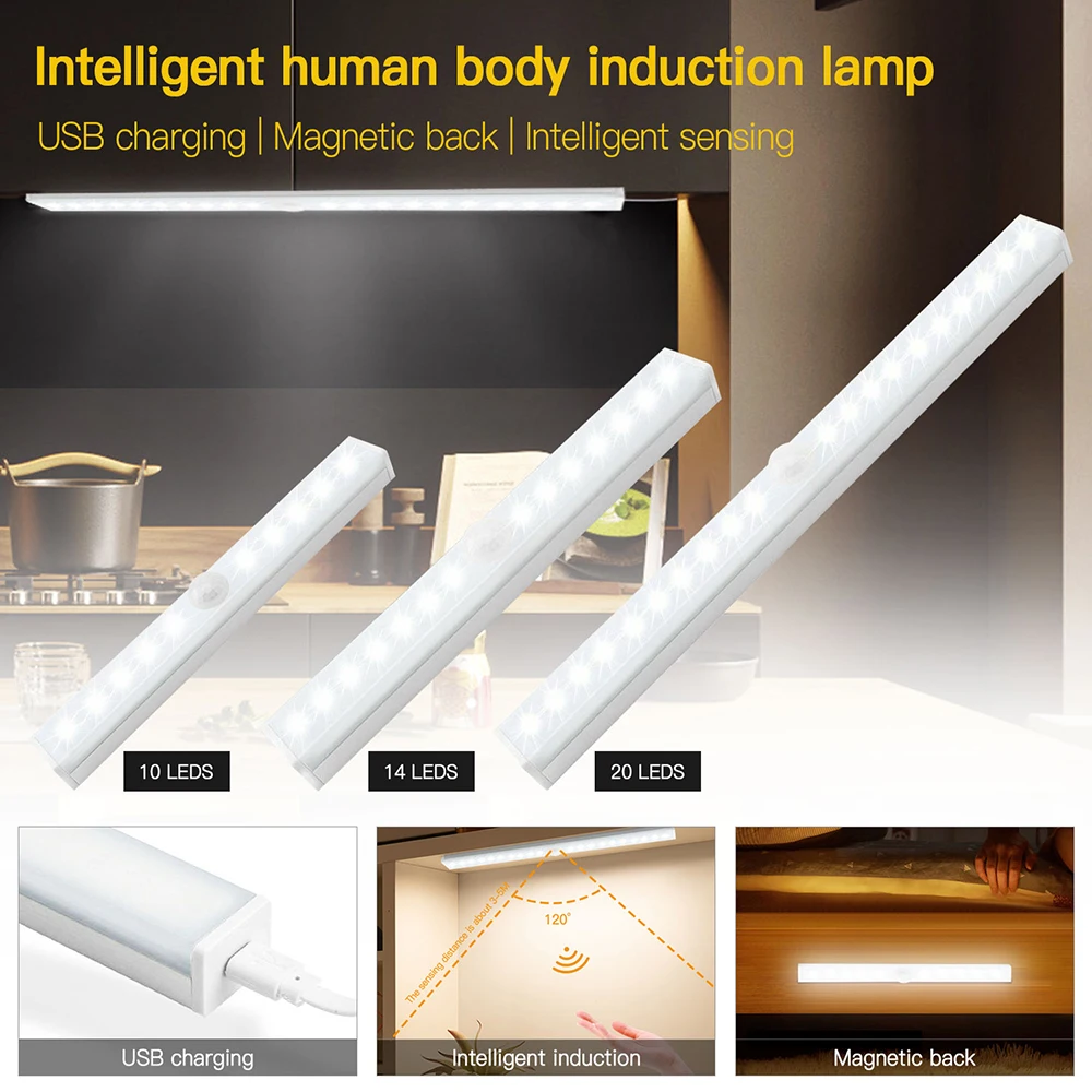 

Under Cabinet Light Motion Sensor Night Light Closet Cabinet Kitchen Lighting USB Rechargeable Bathroom Lamp 15cm/21cm/30cm