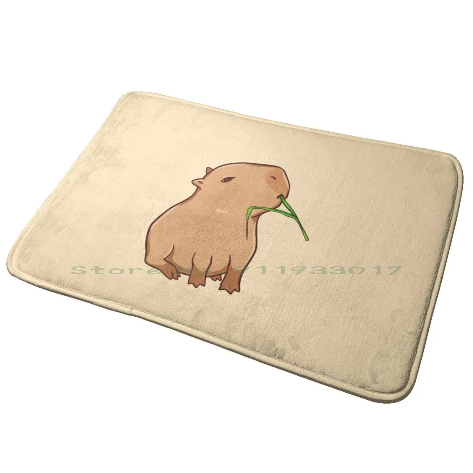 Capybara With A Leaf , Eat Your Greens! Entrance Door Mat Bath Mat Rug Capybara Capibara Animal Rodent Chilling Relax Cute