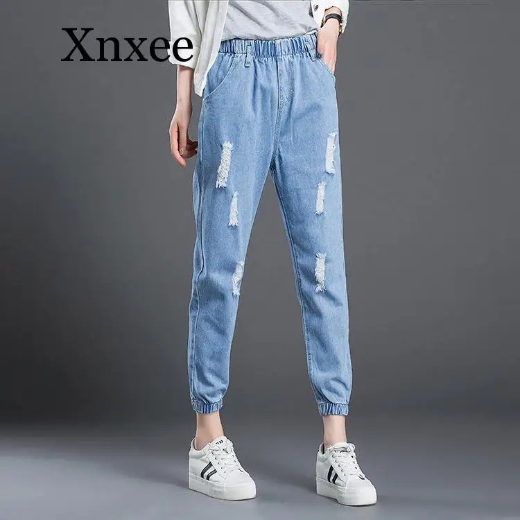 

Light Blue Hole Jeans Long Denim Pants Long Harem Pants Female Large Size Elastic Waist Jeans Women Casual Solid Pocket Loose