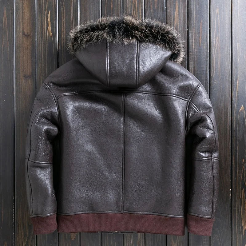 Real Mens Fur Winter Sheepskin Shearling Coat Thick Warm Wool Lining Hooded Motorcycle Jacket Natural Genuine Leather Jackets