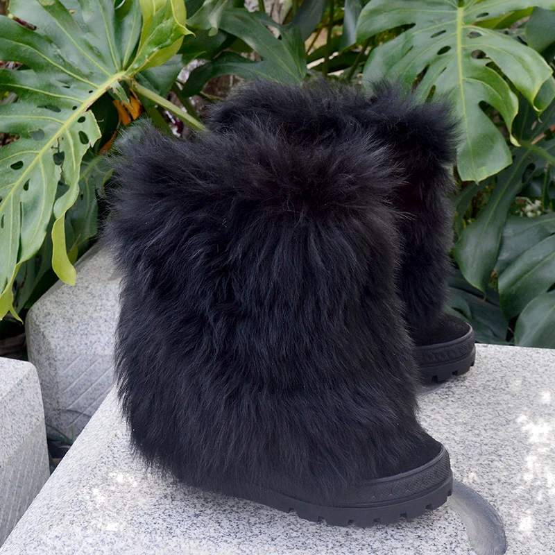 Bottine Femme 8CM Height Increasing Wedges Mid-Calf Boots Winter Genuine Leather Woman Black Snow Fur Botas female Shoes