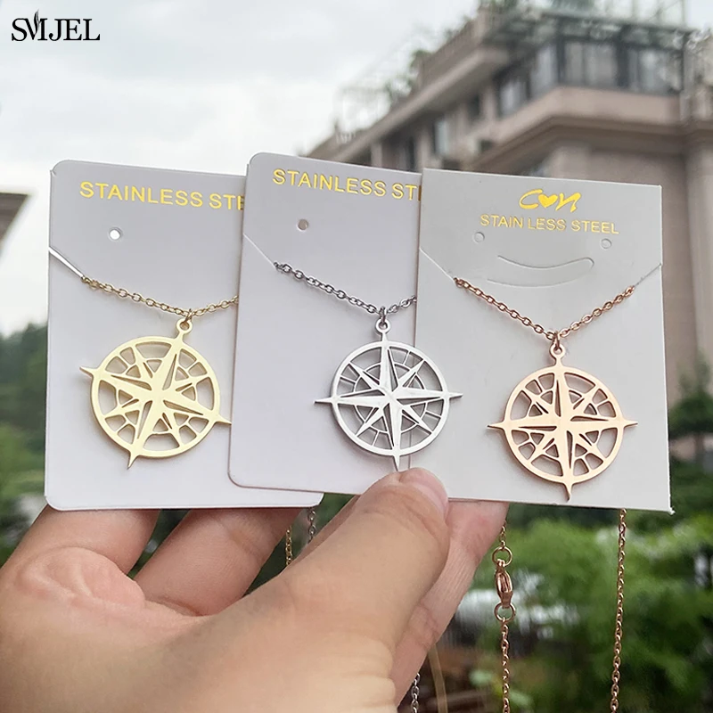 2024 New Round Necklaces Pendant Women Compass Necklace Travel Jewelry Unisex Stainless Steel Chain Graduation Gifts Friends