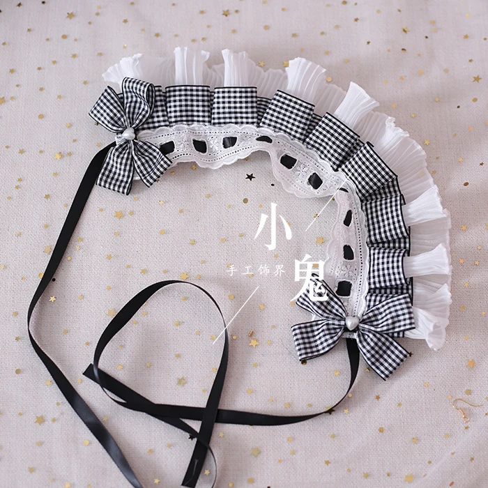 Lolita hair band Alice hand made small objects black and white grid hair with rabbit ears kc side clip sleeves