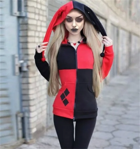 Halloween Stitching Hooded Clown Sweater, Cosplay Hoodie, Jaqueta fina, Zíper, Meninas, Adulto