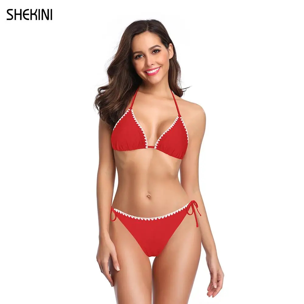 SHEKINI Women's Halter Triangle Bikini Sets Low Waist Tie Side Swimming Bottom Two Piece Swimsuits Beach Bathing Suits Swimwear