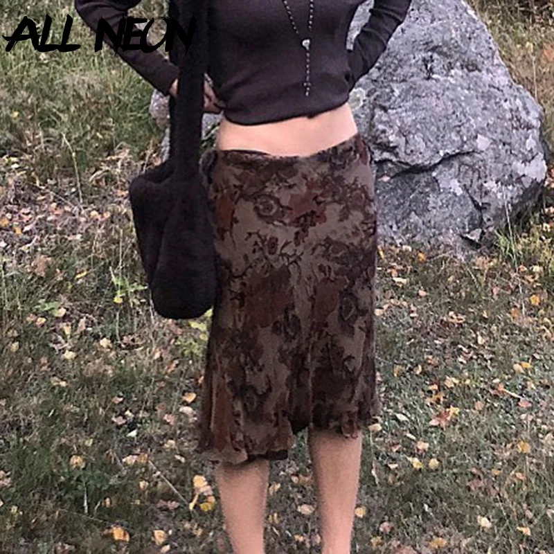 ALLNeon Fairy Grunge Aesthetics Brown Mesh Midi Skirts Y2K Streetwear Low Waist Printing A-line Skirt Elfcore Outfits Retro Fall