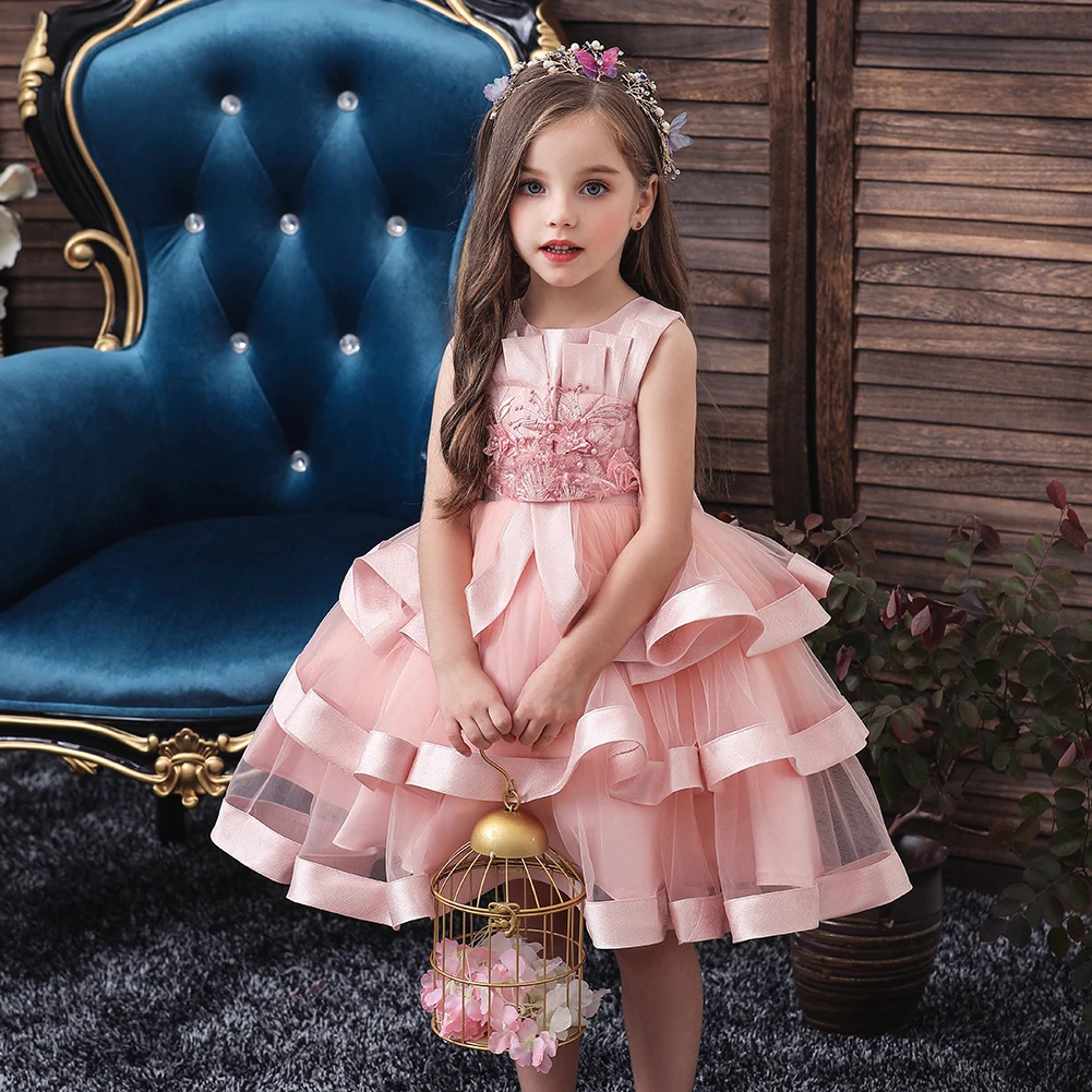 Korean Girl Pink Customer Multi-Layer Gauze Beaded Embroidery Dress Children's Clothing for Wedding Bridesmaid