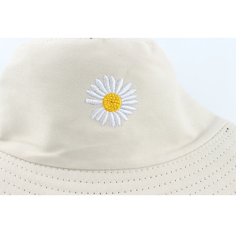 Summer Daisies Embroidery Bucket Hat Women Cotton Fashion Sun Cap Girls Reversible daisy Bob Sun Femme Floral Panama Hat