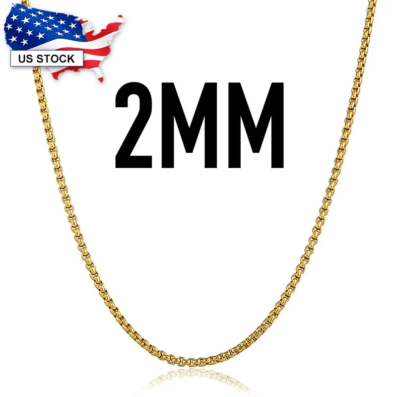 2mm Thin Mens Womens Stainless Steel Necklace Round Box Link Gold Color Unisex Link Chain Neck Jewelry Wholesale LKN385A