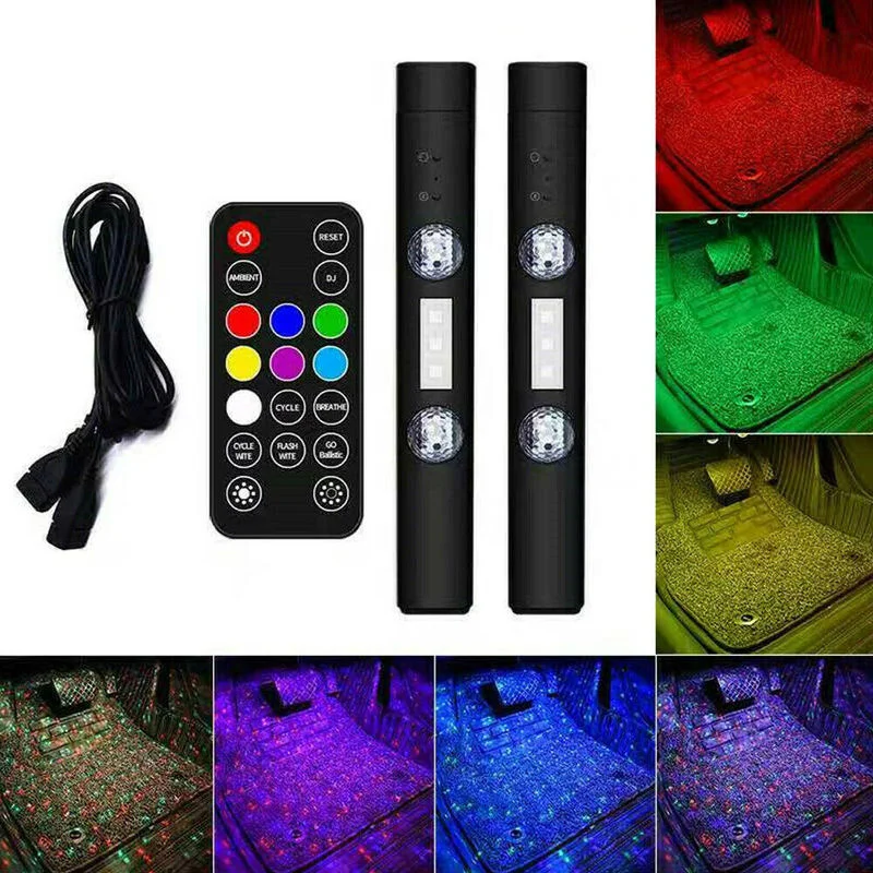 

2pcs Car Tuning Wireless USB Charging Interior RGB LED Ambient Foot Light Strip Universal Interior Parts Car Decor Accessories