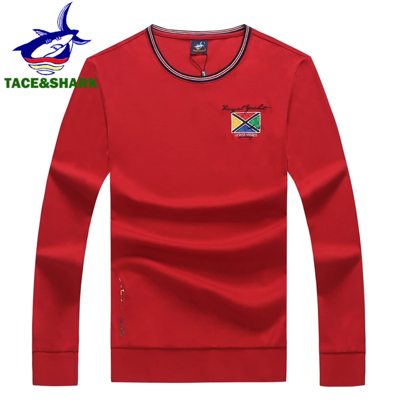 TACE&SHARK New Fashion Shark Brand T Shirts Men O-Neck Cotton Letter Embroidery Red Casual Men\'s T Shirts Long Sleeve Clothes