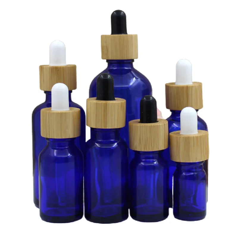 15Pcs Empty Clear Blue Glass Bottle 5ml 10ml 15ml 20ml 30ml 50ml 100ml Bamboo Wood Lid Rubber Dropper Essential Oil Vials