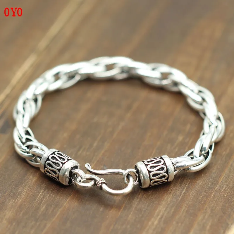 

8mm and 6mm Thai silver personality domineering couple twist twist simple Korean bracelet sterling silver retro hipster 100% 925