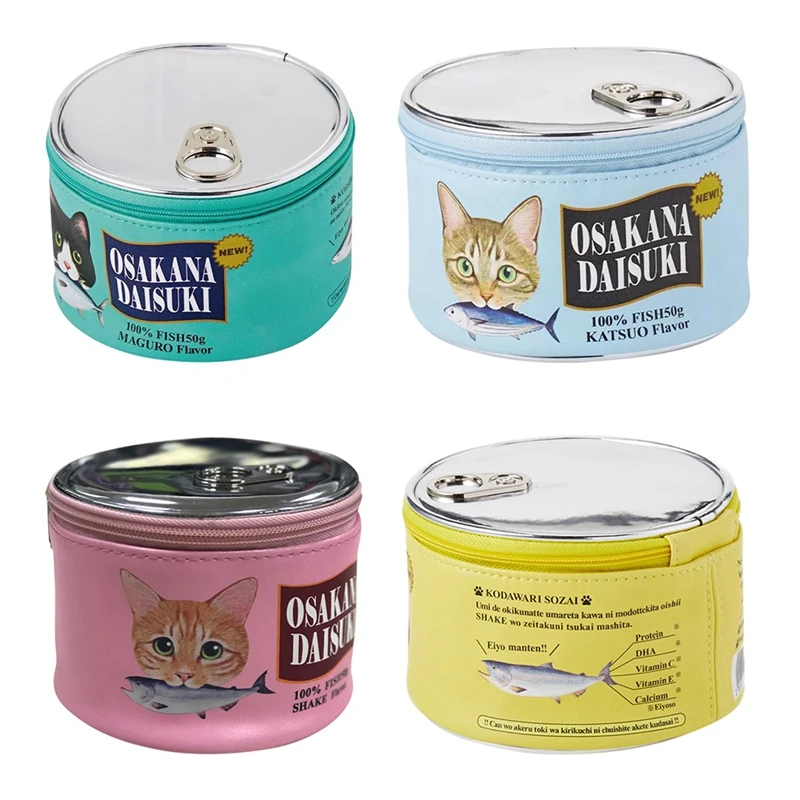 Funny Canned Fish Modeling Cat Pattern Bag Toiletry Organizer Makeup Kit Bag Cosmetic Storage Bag Creatives Cylinder Bag