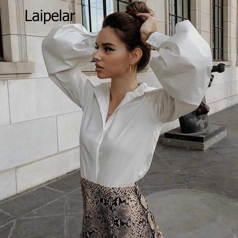 Hot Sale 2020 Autumn New Women Blouses Lantern Sleeves Lapel Streetwear Fashion Casual Wild Loose Slim Button Simple Solid Shirt