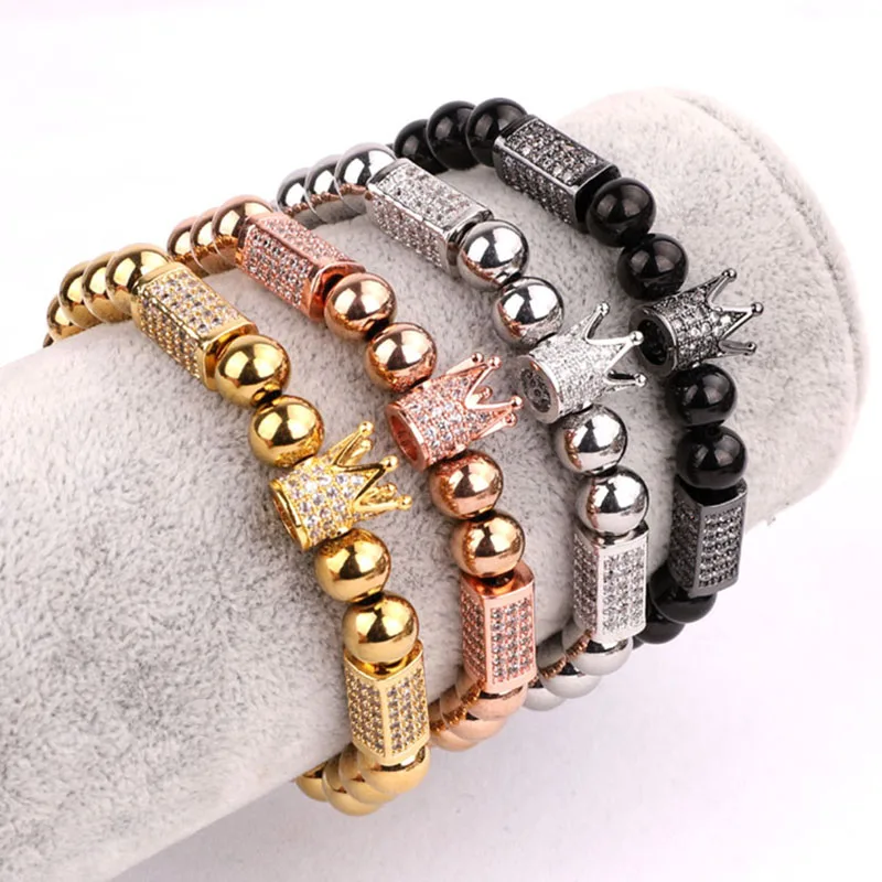 High Quality New Luxury Men Women Jewelry CZ Crown Charm Stainless Steel Beads Macrame Bracelet