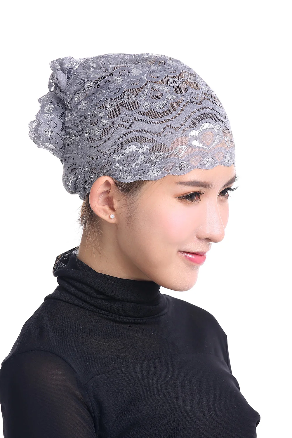 Women’s Muslim Mini Jersey Hijab Scarf Shiny lace with flower Inner Cap Tube Cap