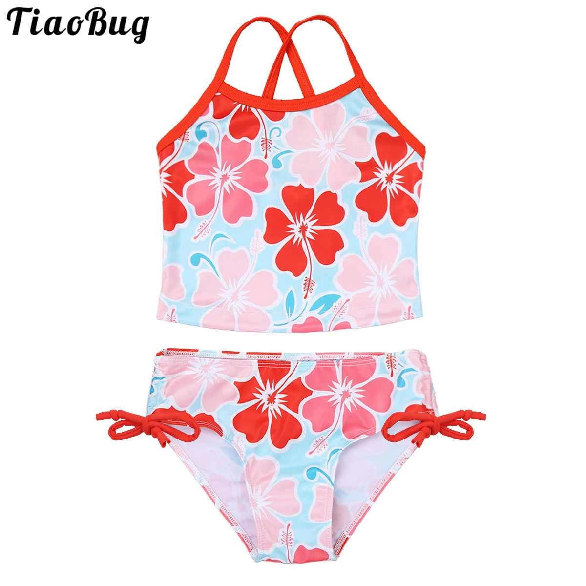 TiaoBug Summer 2Pcs Kids Girls Tankini Floral Printed Swimsuit Swimwear Bathing Suit Tops With Tie Side Bottoms Sets Bikini