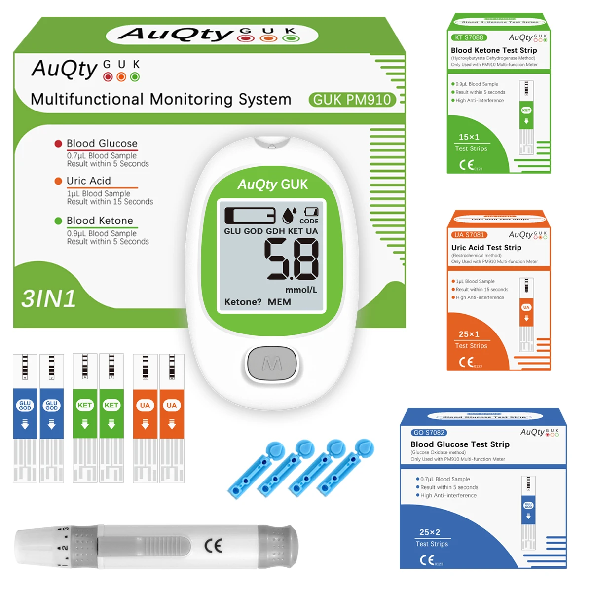 GUK Multi Function Blood Ketone Blood Glucose Uric Acid Meter Gout Diabetes Tester Ketogenic Blood Sugar Monitor And Test Strip