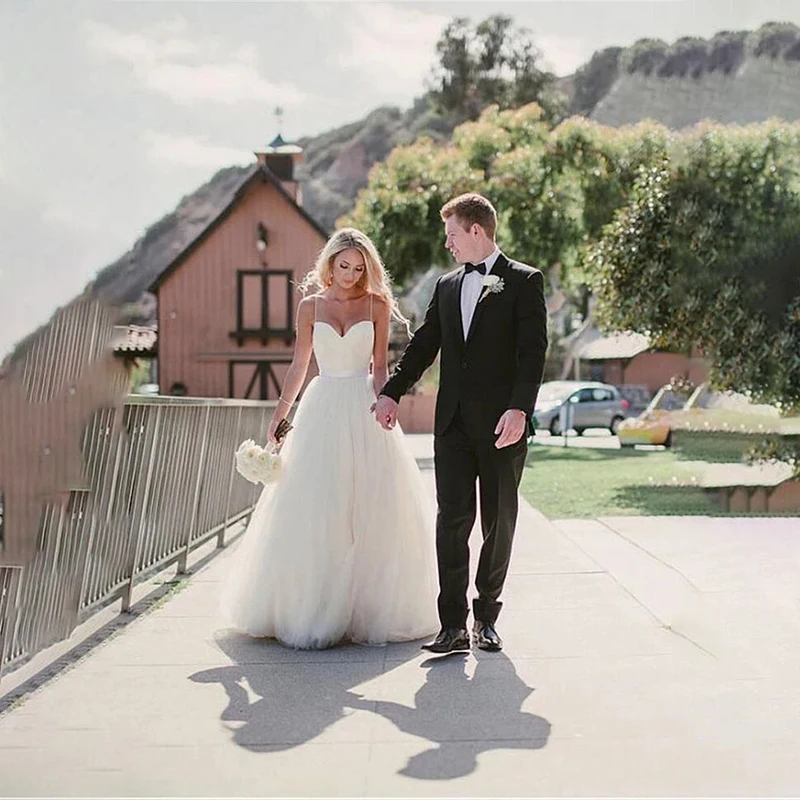 Robe de mariée Simple en Tulle blanc, bretelles Spaghetti, sur mesure, 2021