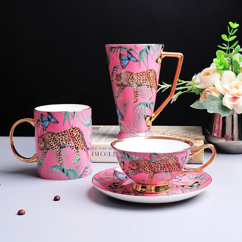 Nordic Large Capacity Coffee Cup Set, Leopard, Forest, Cheetah Bone China, Pink, Milk, Water, Afternoon Tea Party, Home Drinking