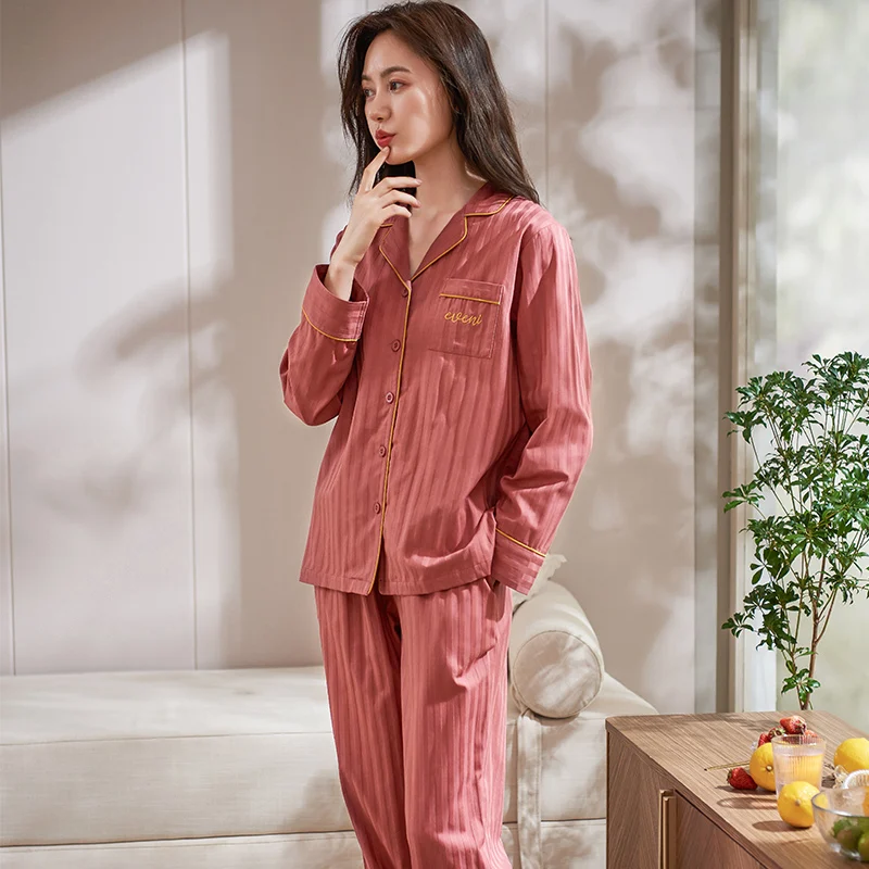 Women Cardigan Pajama Set Long Sleeve Trousers Pajamas Woven Full Cotton Letter Sleepwear Loungewear Women's Set Pyjamas Mujer