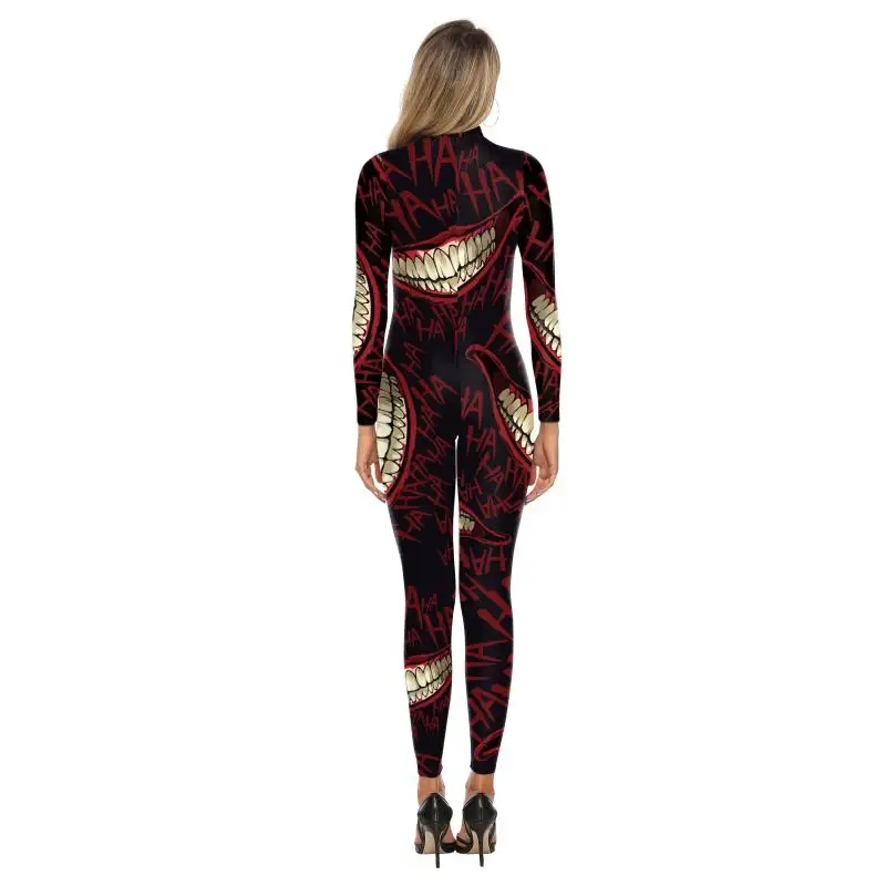 Vip moda assustador horror bodysuit boca grande esqueleto gótico impresso cosplay trajes zentai terno halloween feminino sexy macacão