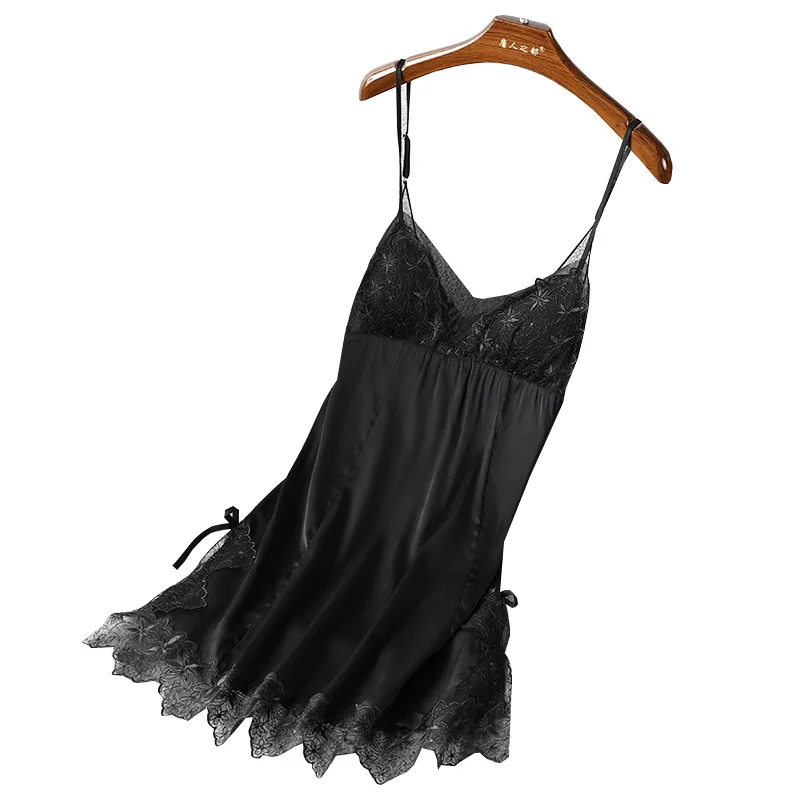 Black Sleeveless Nightdress Women Sleewpear Nightgown Summer Sexy Lace Mini Suspender Nightwear V-Neck Satin Home Dressing Gown