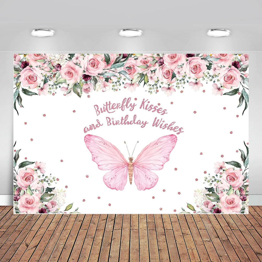 Butterfly Kisses Birthday Wishes Backdrop Pink Flowers Butterfly Birthday Party Decorations Girl Kids Photography Background