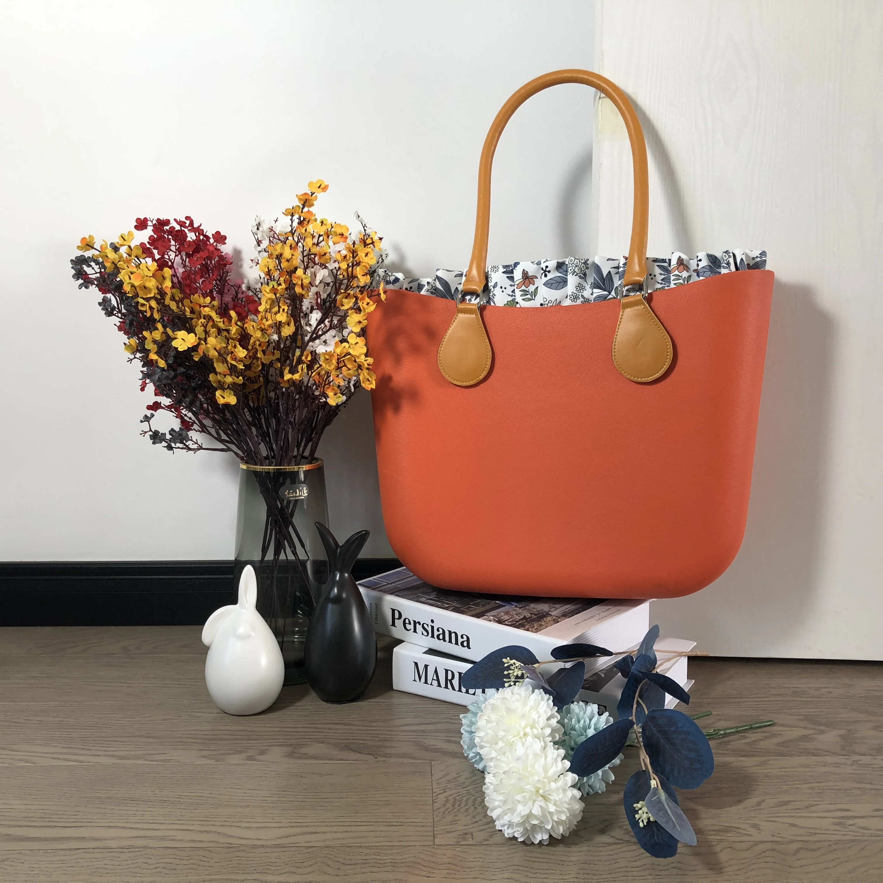 Women Bag Silicon Hand Bag Round Handle with Floral Border Lining Females Waterproof Beach O Bag Obag Style EVA Women Handbag