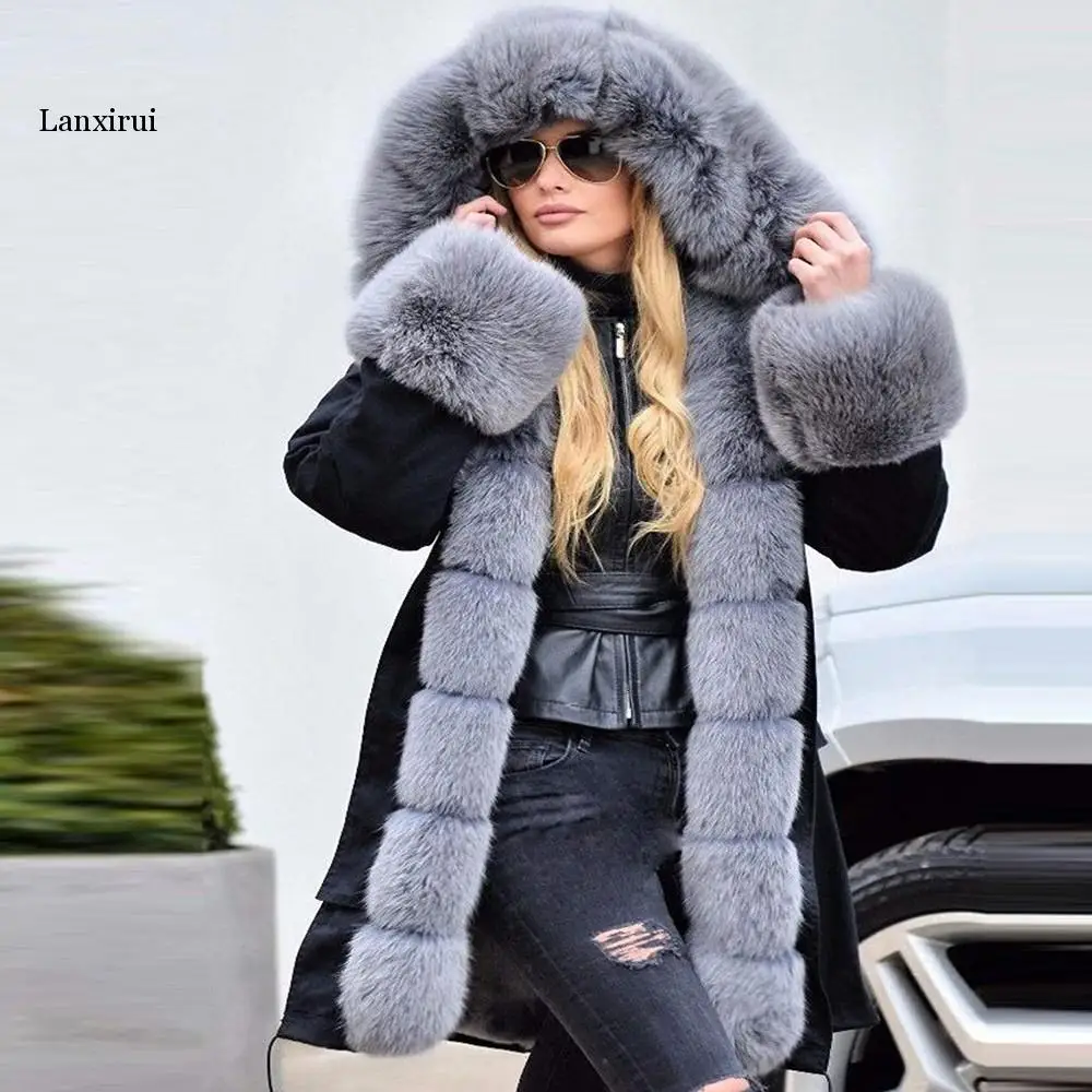 Frauen Mäntel Faux Pelz Kragen Taschen Gürtel Lange Fischschwanz Mantel Dicker Warme Parkas Jacke Winter Mode Mit Kapuze Mantel