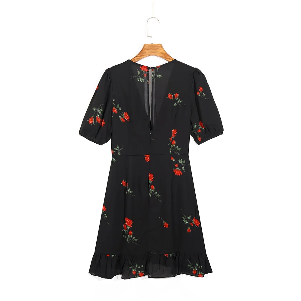 Dresses For Women 2021 Party Elegant Vintage Rose Floral Print Summer Dress V Neck Short Puff Sleeve Ruffle Hem Black Mini Dress