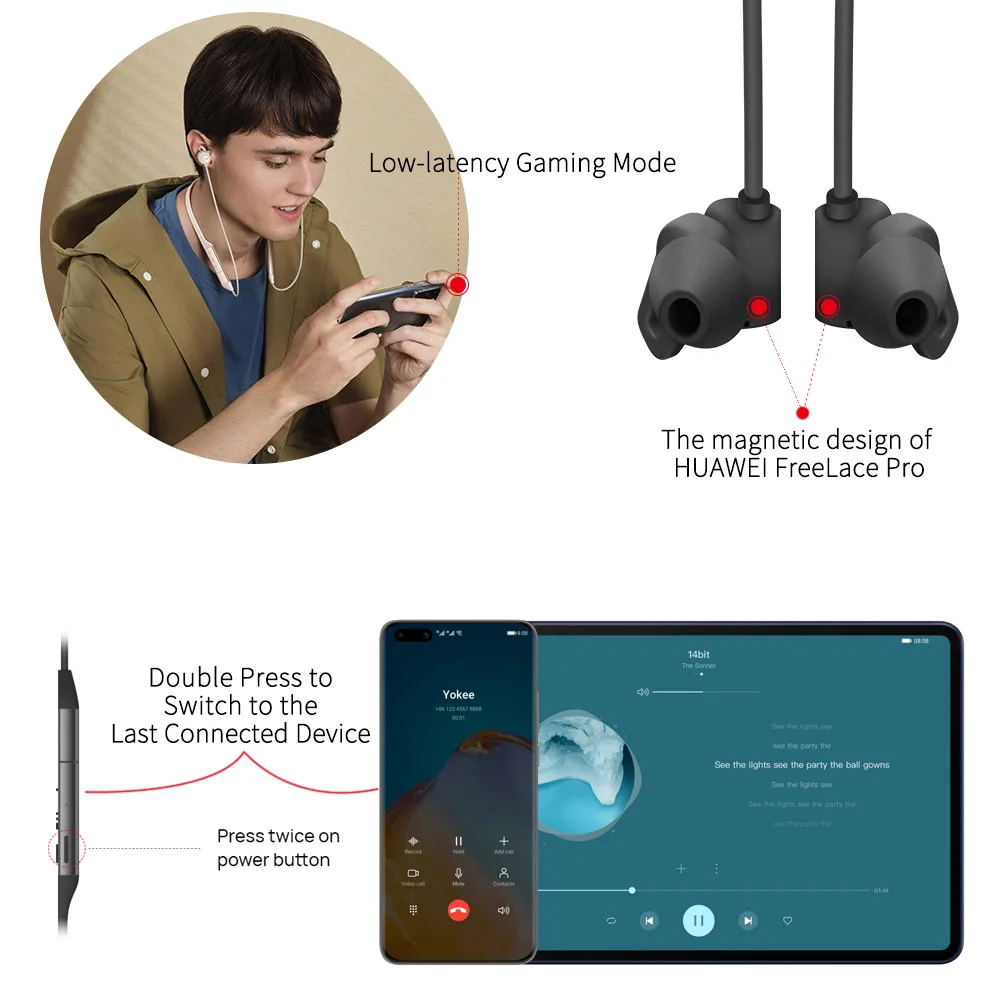 Huawei Freelace Pro słuchawki Bluetooth aktywna redukcja szumów słuchawki Dual-mic 14mm potężny dynamiczny zestaw słuchawkowy z pałąkiem na kark