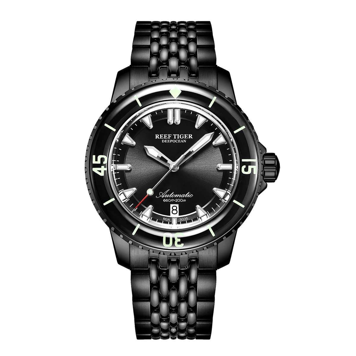 Reef Tiger/RT Top Brand Men Mechanical Dive Watches All Black Sapphire Crystal Bracelet Watch Luminous Watch Waterproof RGA3035