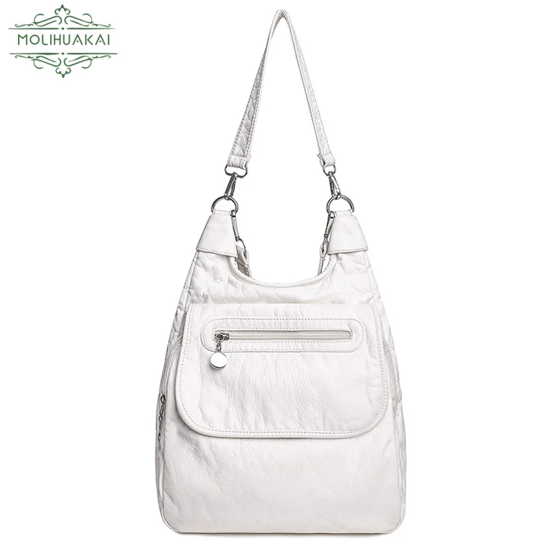 White Backpacks Fashion Soft Washed PU Leather Shoulder Bags Anti-thief Backpack Large Capacity School Bag for Teenager Girls