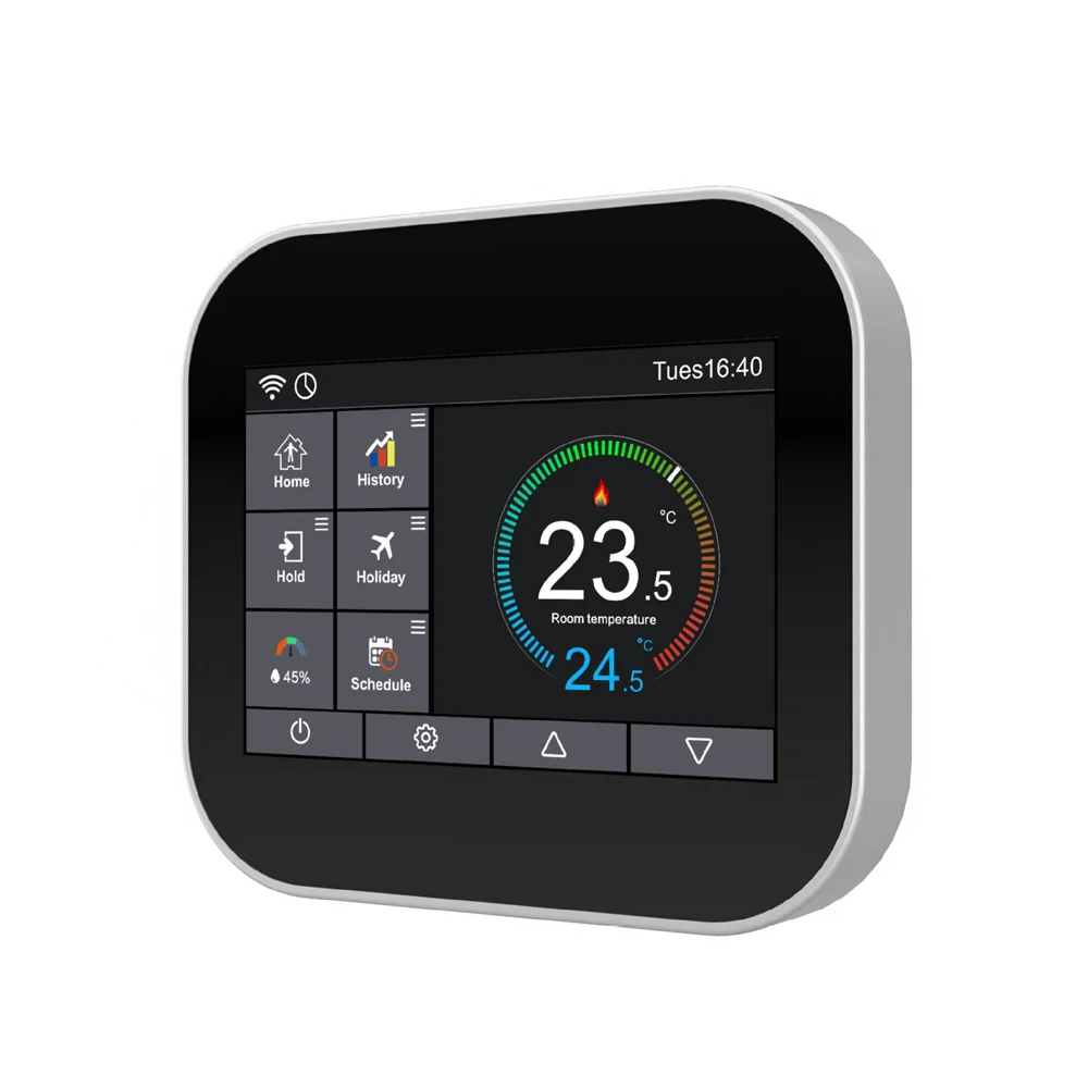 Wifi touch thermostat for water heating/radiator valve by English/German/Polish/Czech/Italian/Spainish control by smart phone